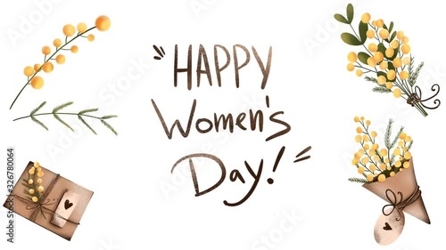 Happy women day digital of a cute set of holiday mimosa flowers from geometric shapes. Video for banners, web, cards, invitation cards, posters, post, advertising.