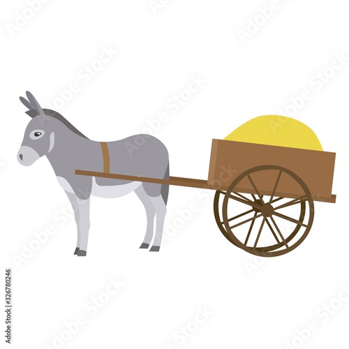 Donkey with small cart of hay. Vector illustration in flat style.