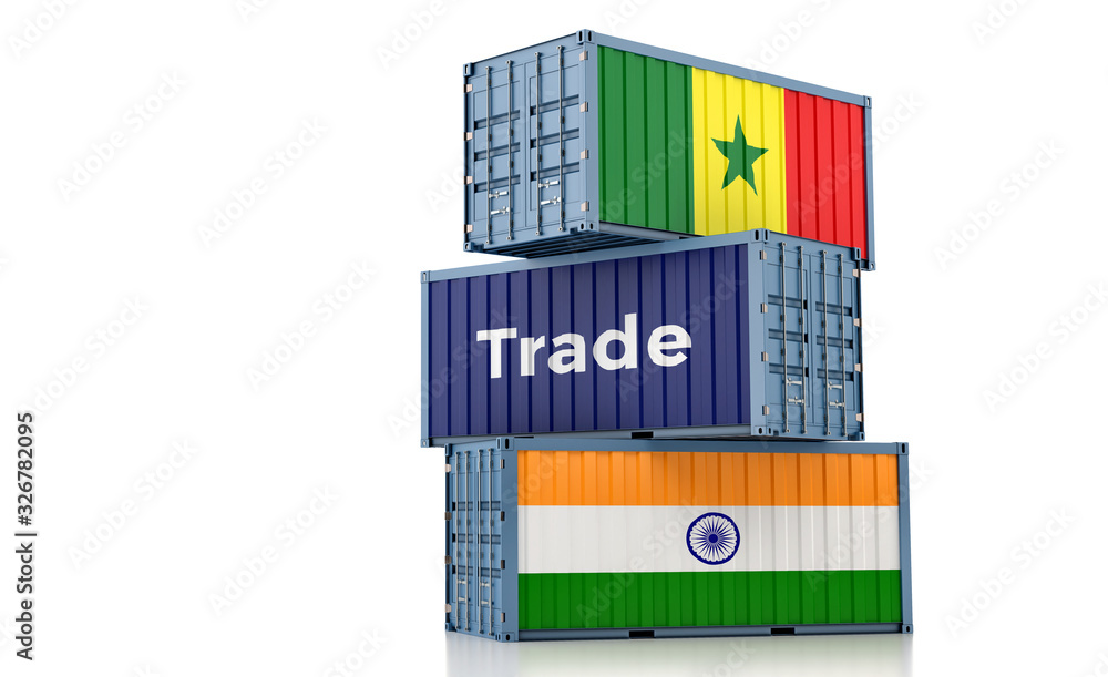Freight container with Senegal and India flag. 3D Rendering