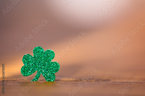 St Patrick s day background with shamrock clover leaf on wood  Irish festival symbol  selective focus