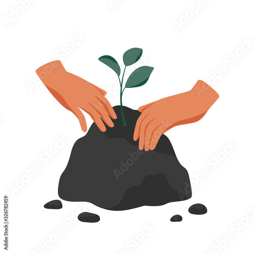 Human hands protect young leaf shoots from the harmful environment. The concept of love and care for nature. Vector illustration