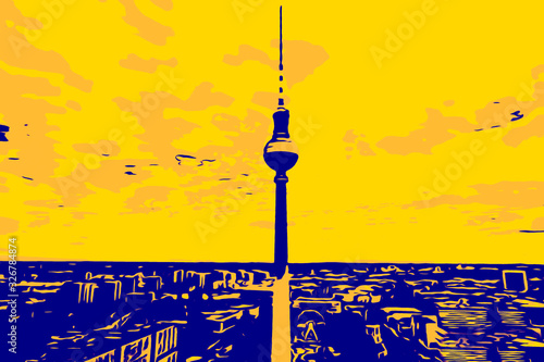Berlin skyline with a view of the television tower and the horizon. illustration of the city of Berlin in the colors black yellow and white, as a background for postcards or websites