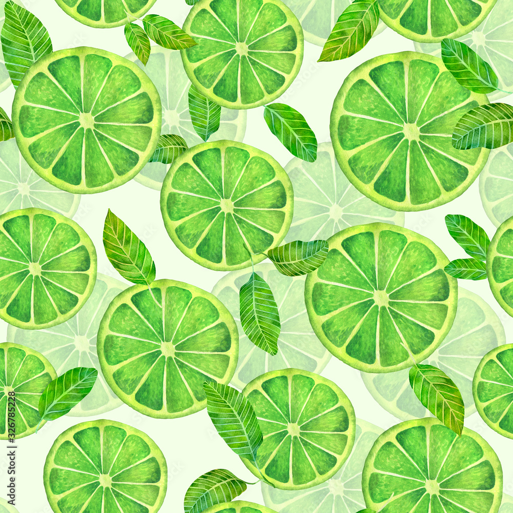 Seamless watercolor pattern of lemon slices with leaves on a white background.
