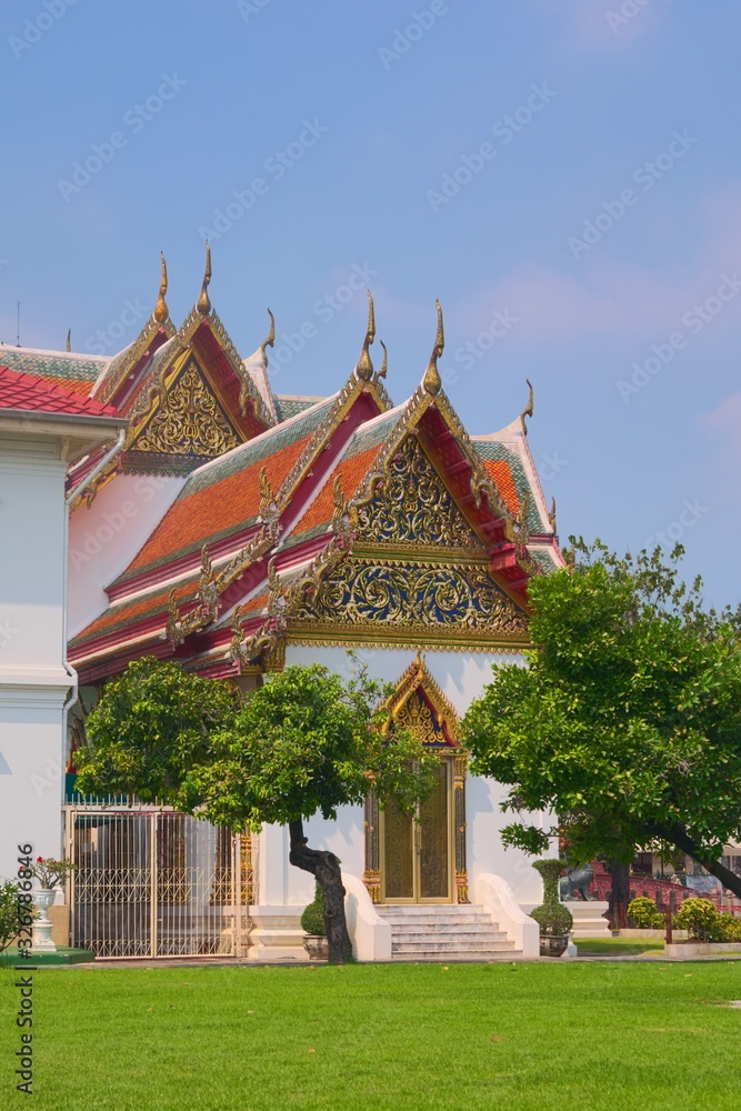 Temple of Wat Benchamabophit, located in Bangkok, Thailand, also known as the Marble Temple. Rear entrance.