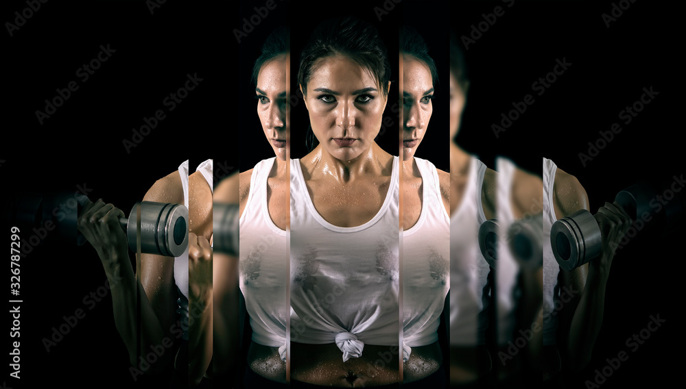 Woman working out with dumbbell. Mirror effect Woman working out with dumbbell. Mirror effect