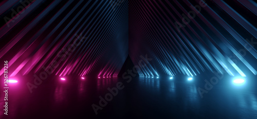 Fototapeta Naklejka Na Ścianę i Meble -  Neon Laser Cyber Triangle Shaped Purple Blue Hallway Tunnel Corridor Studio Showroom Parking Underground Garage Reflective Concrete 3D Rendering