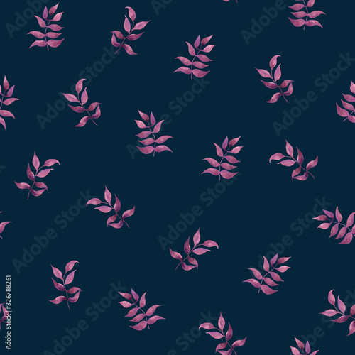 Watecrolor leaves pattern. Seamless pattern with watercolor leaf on blue background. Floral seamless pattern. Endless background with herbs. 