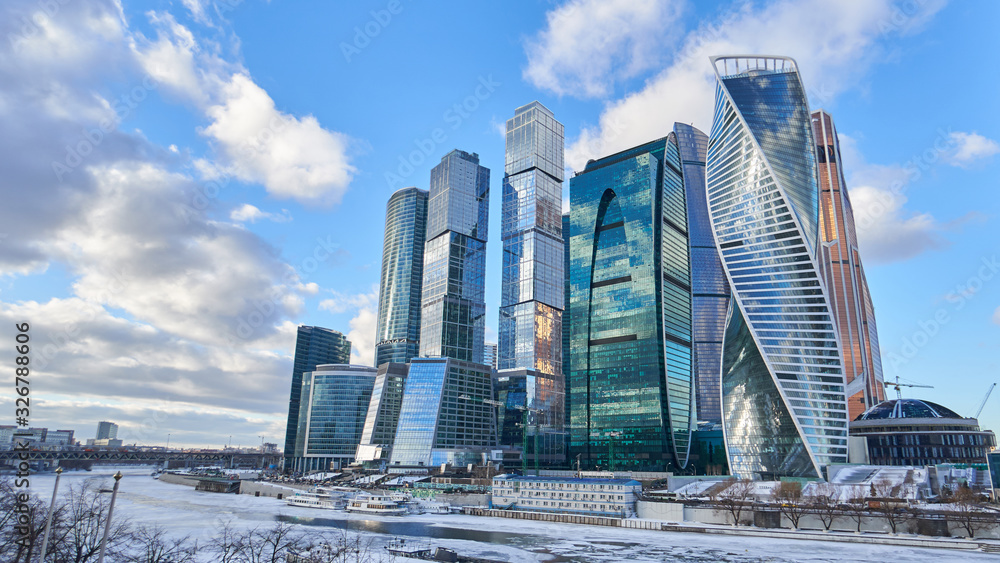 Moscow City in winter, the international business center and a commercial district in central Moscow, Russia. 