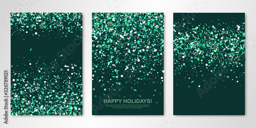 Banners set with sparkle emerald confetti on green back. Vector flyer design templates for wedding, invitation cards, save the date, business brochure design, certificates. All layered and isolated