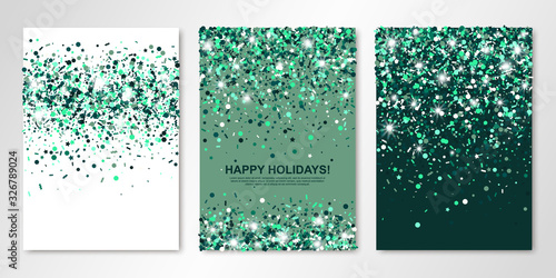 Banners set of three sheets with shimmer emerald confetti. Vector flyer design templates for wedding, invitation cards, save the date, business brochure design, certificates. All layered and isolated