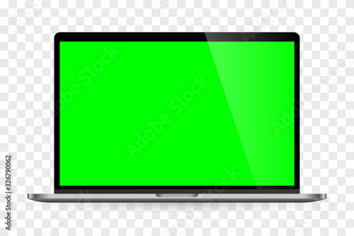 Realistic laptop computer monitor with green screen and checkerboard background. Illustration vector illustrator Ai EPS