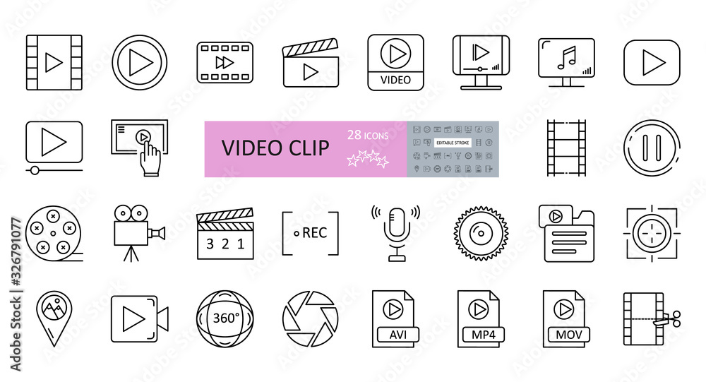 Video clip set of 28 icons with editable stroke. Vector illustration of sound recording, play, watching videos, listening to music, cutting frames, file folders, MP4, AVI, 360 panoramic view. - obrazy, fototapety, plakaty 