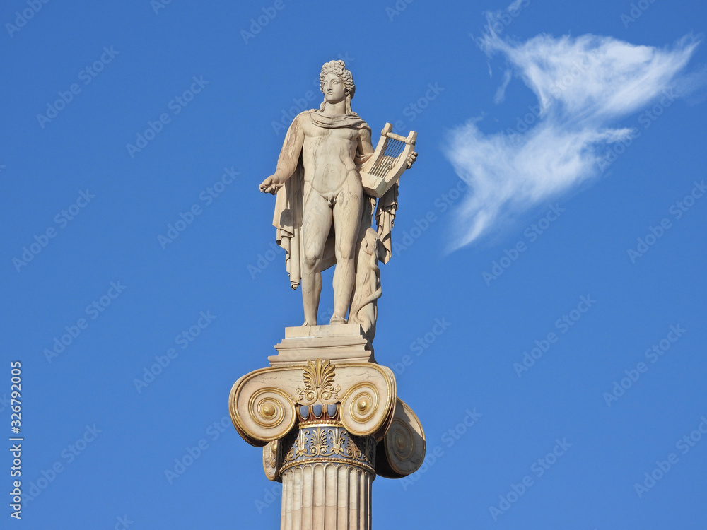 Extreme zoom of iconic statue of Apollo the guitar player in Academy of Athens, Athens historic center, Attica, Greece Extreme zoom of iconic statue of Apollo the guitar player in Academy of Athens, Athens historic center, Attica, Greece
