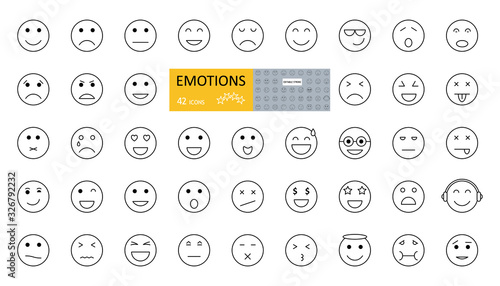 Emotions Emoji set 42 icons with editable stroke. Vector illustration of an emotional face. Joy, sadness, anger, irritation, tears, sleep, surprise, coolness, music lover, angel, love, greed, nausea.