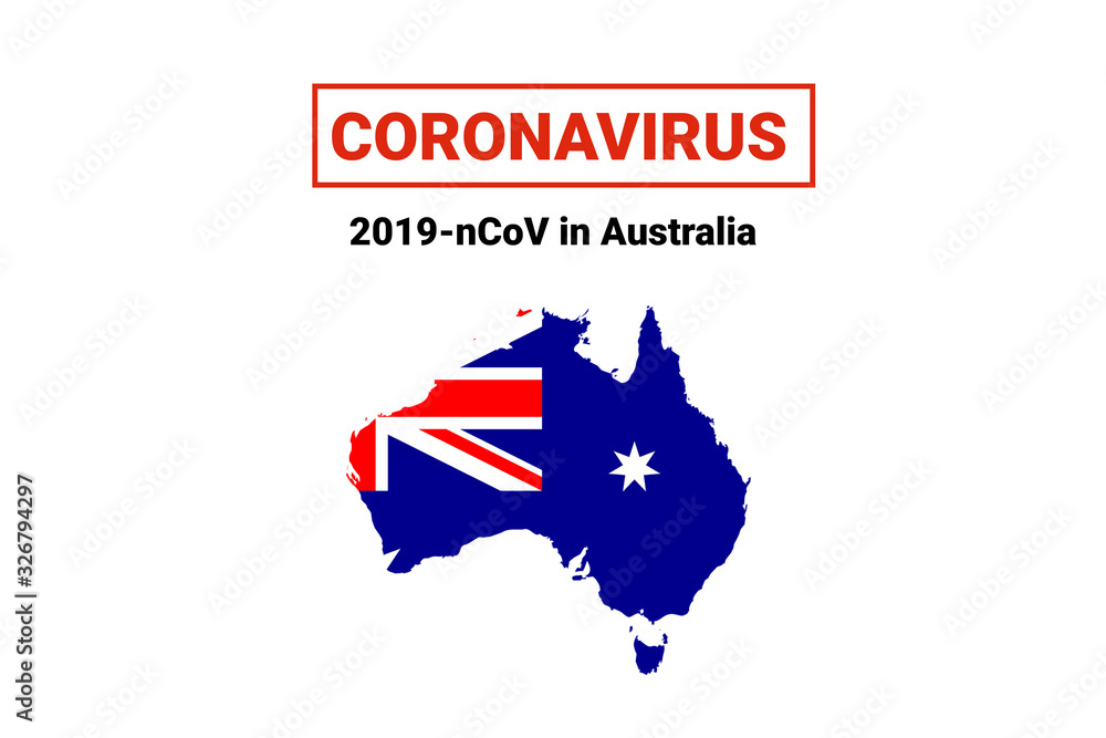 Obraz premium Coronavirus in Australia. Map with flag and warning on white background. Epidemic alert. Covid-19, 2019-nCoV.