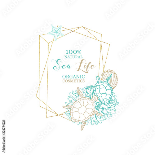 Sea water cosmetics, organic marine algae seaweeds and seaweed skincare cream, gel or lotion package, vector premium design. Line art ocean coral, turtle and starfish, dead sea minerals for body care