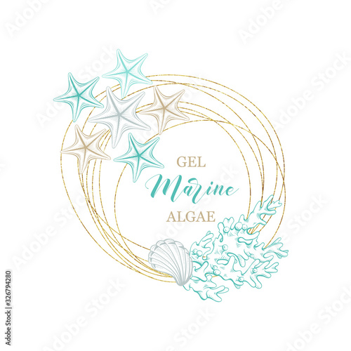 Marine and algae seaweeds cosmetic package vector premium hand drawn design. Golden foil wreath frame with sketch corals, seashell and starfish for water collagen cream, skincare gel or moisturizer