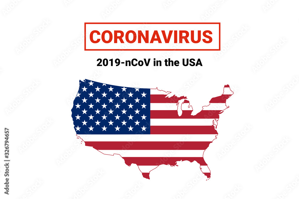 Coronavirus in USA. Map with flag and warning on white background. Epidemic alert. Covid-19, 2019-nCoV. Coronavirus in USA. Map with flag and warning on white background. Epidemic alert. Covid-19, 2019-nCoV.