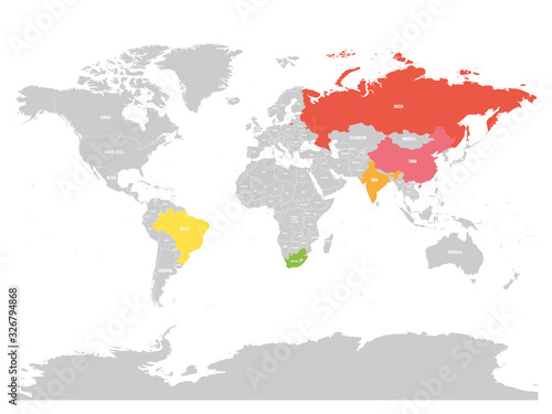 World map with highlighted member countries of BRICS - association of five major emerging national economies - Brazil, Russia, India, China and South Africa