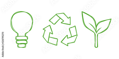 Vector set of universal eco symbols: light bulb, recycling sign and sprout. Illustration in line art style, isolated on white background