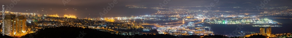 Panorama Of Haifa At Night And Metropolitan Area And Industrial Zone of Haifa At Night, Aerial View, Israel
