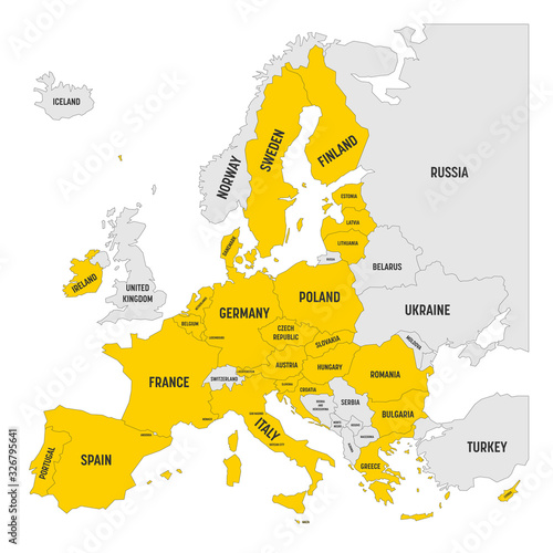Political map of Europe with yellow highlighted 27 European Union, EU, member states after brexit in 2020. Simple flat vector illustration