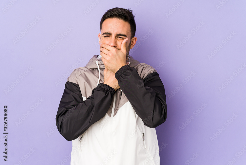 Young caucasian man isolated on purple background suffers pain in throat due a virus or infection. Young caucasian man isolated on purple background suffers pain in throat due a virus or infection.