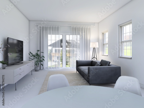 Stylish room in black and white color with sofa and tv. Scandinavian interior design. 3D illustration