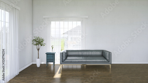 White minimalist living room with sofa on wooden floor  a landscape in window. Scandinavian interior design. 3D illustration