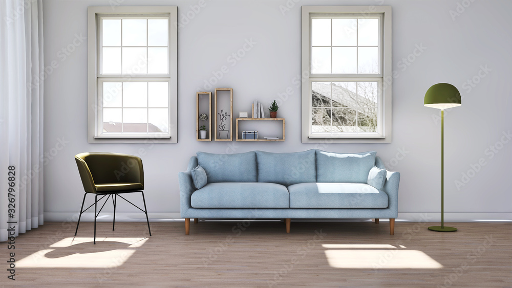 White living room interior with sofa, lamp and armchair. Home nordic interior. 3D illustration White living room interior with sofa, lamp and armchair. Home nordic interior. 3D illustration