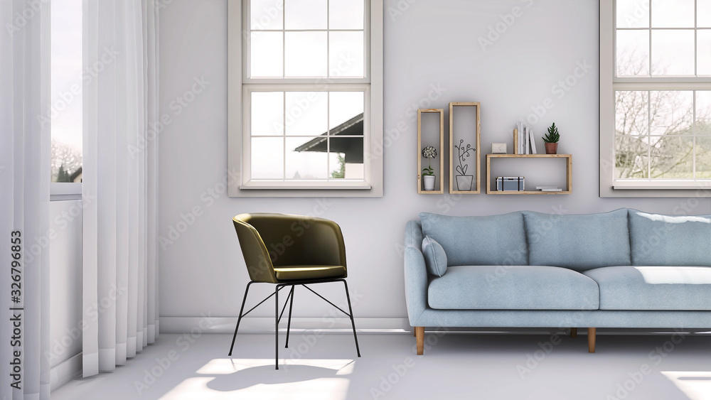 White living room interior with sofa, lamp and armchair. Home nordic interior. 3D illustration White living room interior with sofa, lamp and armchair. Home nordic interior. 3D illustration