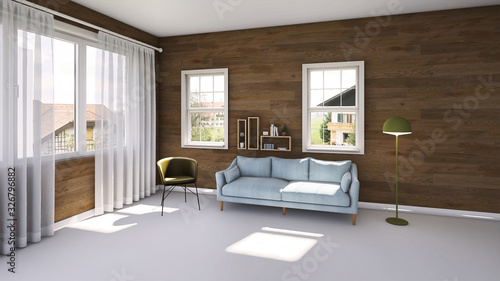 White living room interior with sofa, lamp and armchair. Home nordic interior. 3D illustration