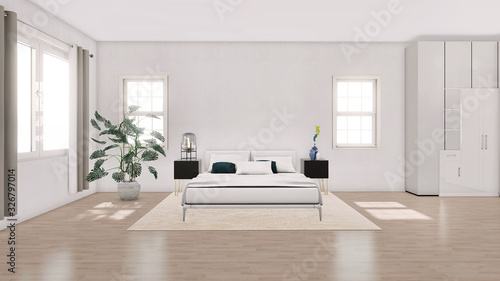 Fototapeta Naklejka Na Ścianę i Meble -  Modern bed room in white color with plant on wooden floor. Scandinavian interior design. 3D illustration