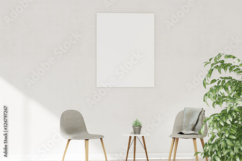 Fototapeta Naklejka Na Ścianę i Meble -  Mock up of two posters on the wall with armchairs and plant on the wooden floor. Home nordic interior. 3D illustration