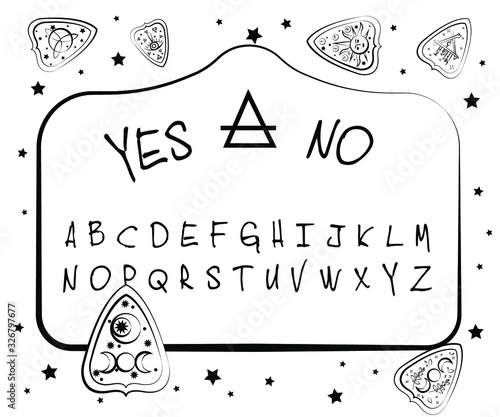 Spirits ouija board used on seances to communicate with dead / spirits. Esoteric board. Illustration vector.