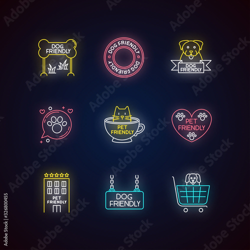 Pet friendly emblems neon light icons set. Four-legged friends allowed territories, kitty and doggy welcome public places. Signs with outer glowing effect. Vector isolated RGB color illustrations