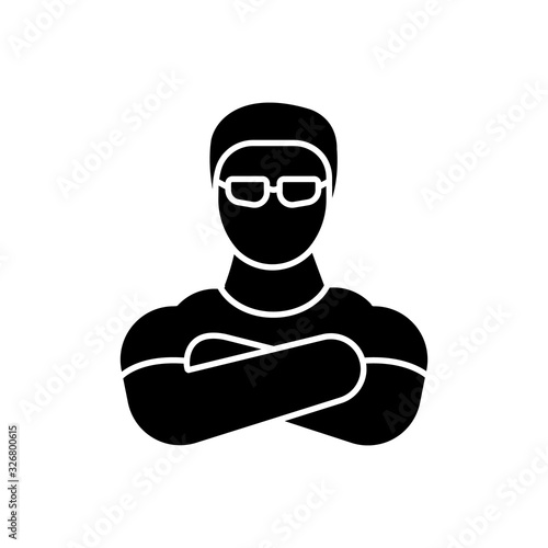 Nightclub security guard black glyph icon. Night club face control silhouette symbol on white space. Bouncer with crossed arms, strong bodyguard in sunglasses vector isolated illustration