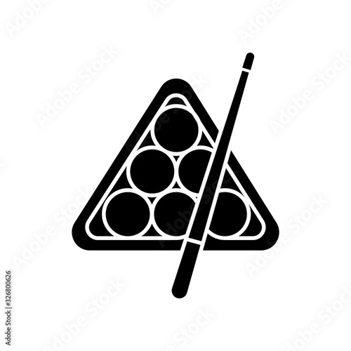 Billiards black glyph icon. Pub game, entertainment, leisure activity silhouette symbol on white space. Professional cue sport, pool, snooker attributes vector isolated illustration