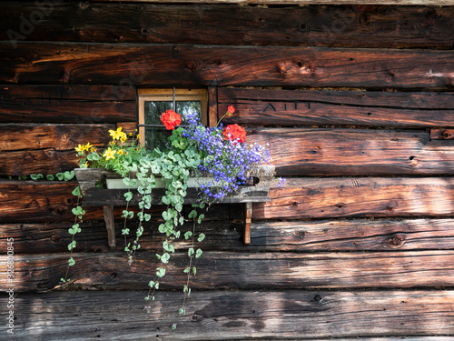 window of an old alpine log hut with abundant floral decoaration  photo