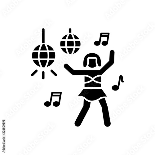 Go go dancer black glyph icon. Trendy night club recreation, rave party silhouette symbol on white space. Energizing dancer, young clubber dancing on nightclub stage vector isolated illustration