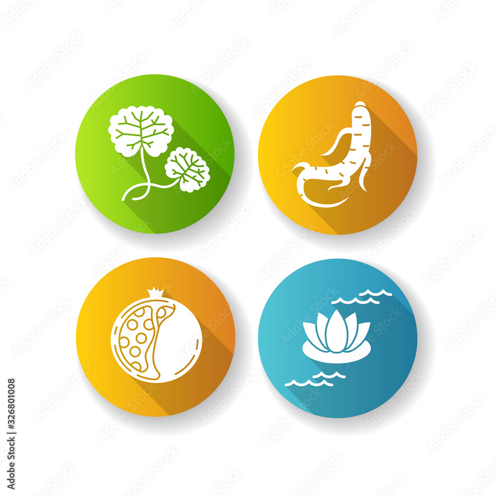 Cosmetic ingredient flat design long shadow glyph icons set. Centella plant. Ginseng root. Collagen formula. Lotus flower. Skincare treatment. Nourishing effect. Silhouette RGB color illustration