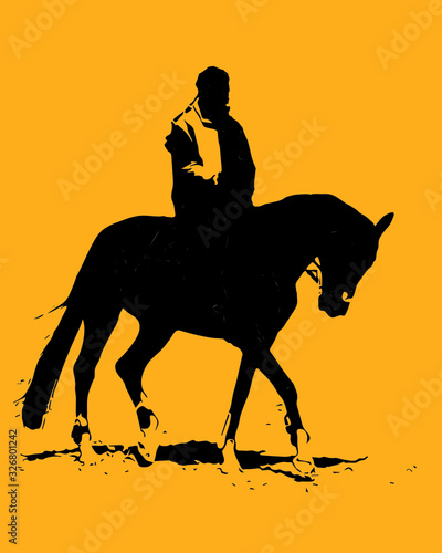 man rides a trot on a horse, isolated black silhouette on a yellow-orange background