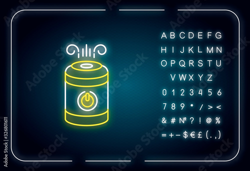 Air cleaner, steam humidifier neon light icon. Household appliance, ionizer, air purifier. Outer glowing effect. Sign with alphabet, numbers and symbols. Vector isolated RGB color illustration