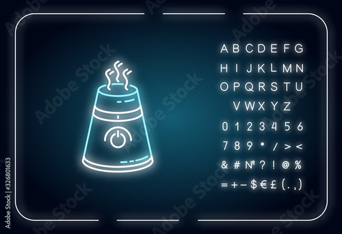 Ultrasonic air purifier neon light icon. Domestic ionizer, silent mode household device. Outer glowing effect. Sign with alphabet, numbers and symbols. Vector isolated RGB color illustration