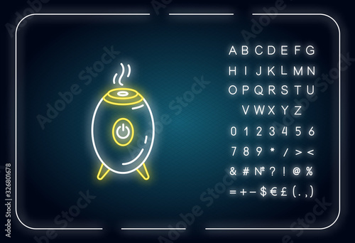 Air filter, steam humidifier neon light icon. Water evaporation appliance, ionizer, purifier. Outer glowing effect. Sign with alphabet, numbers and symbols. Vector isolated RGB color illustration