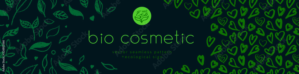 Green cosmetic pattern, eco cosmetics concept for bio cosmetics banner. Vector icons of heart. Eco friendly seamless background. Natural pattern and logo for beauty care products. Label tag template.