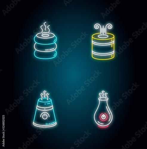 Turned on air humidifiers neon light icons set. Air purifiers, climate control appliances, premises humidity regulators. Signs with outer glowing effect. Vector isolated RGB color illustrations