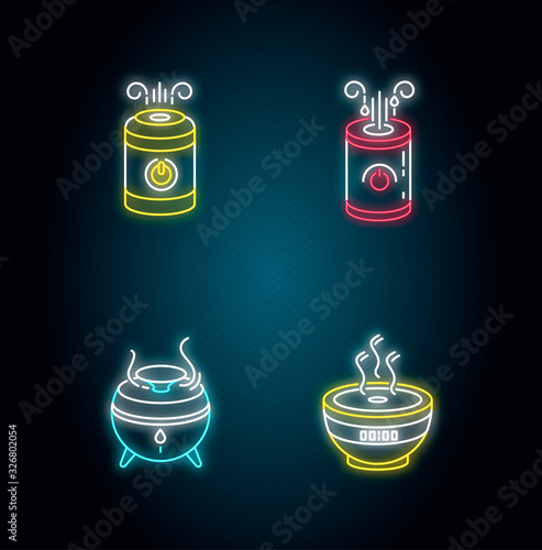 Air humidifiers, oil diffusers neon light icons set. Minimalistic air purifiers, premises humidity regulators. Signs with outer glowing effect. Vector isolated RGB color illustrations