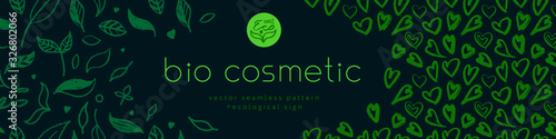 Green cosmetic pattern, eco cosmetics concept for bio cosmetics banner. Vector icons of heart. Eco friendly seamless background. Natural pattern and logo for beauty care products. Label tag template.