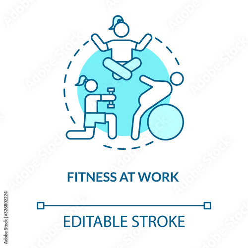 Fitness at work turquoise concept icon. Sporty woman. Activity for physical pain relief. Prevent burnout idea thin line illustration. Vector isolated outline RGB color drawing. Editable stroke